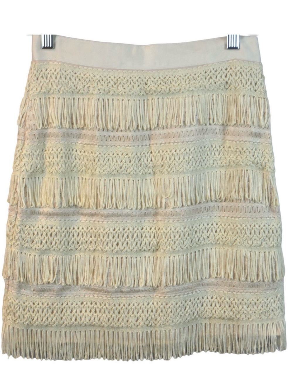 Francesca's Collections Cream Crochet Fringe Mini Skirt